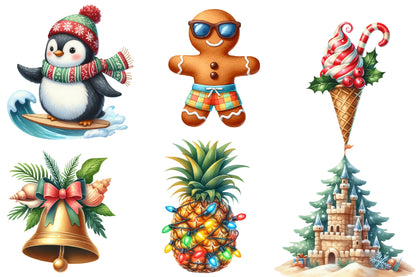 Summer Christmas Watercolor Clipart PNG Bundle | Tropical Christmas PNG | Beach Santa Sublimation