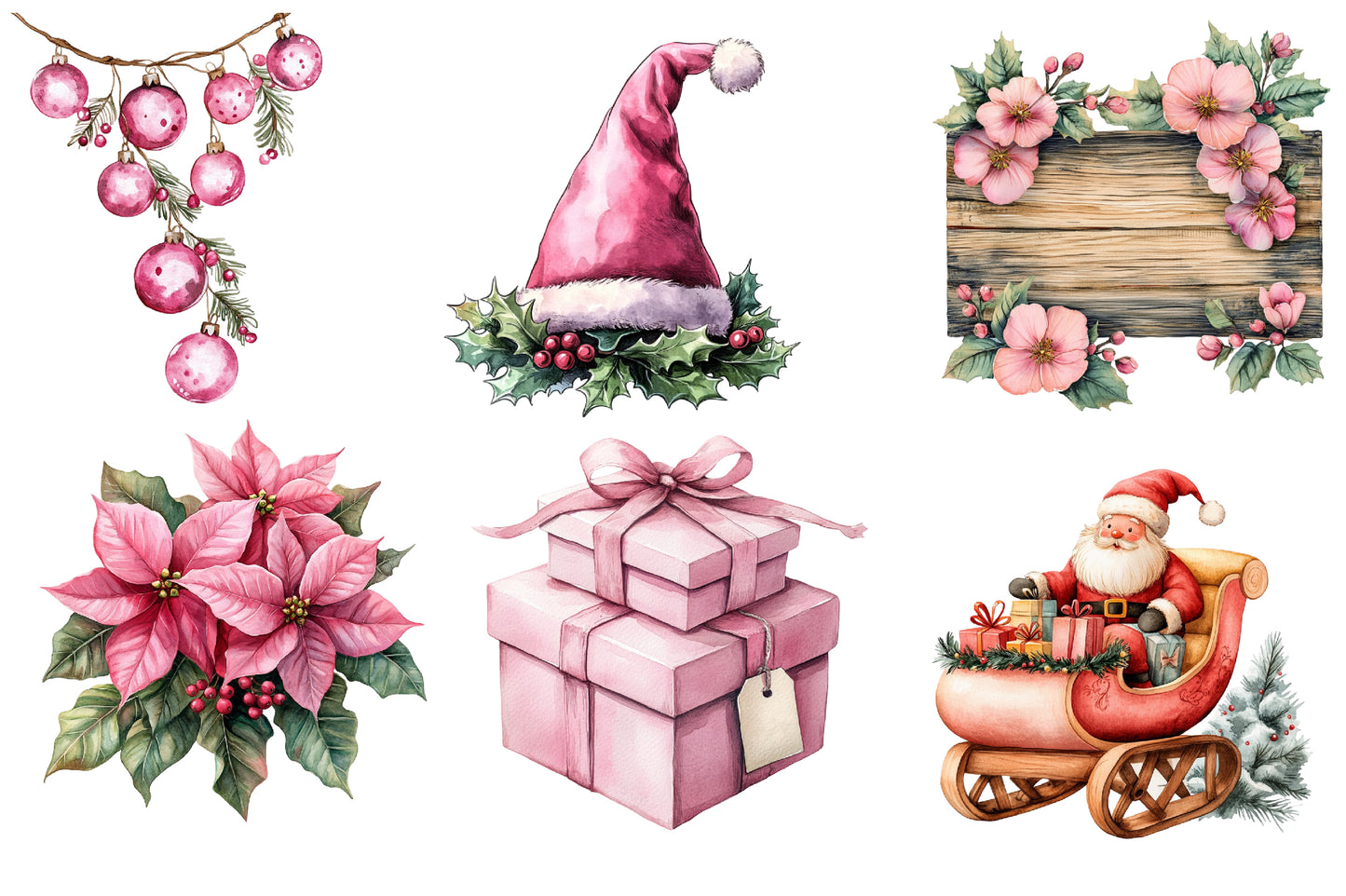 Pink Christmas Watercolor Clipart PNG Bundle | Pink Christmas Tree PNG | Pink Santa Holiday Sublimation