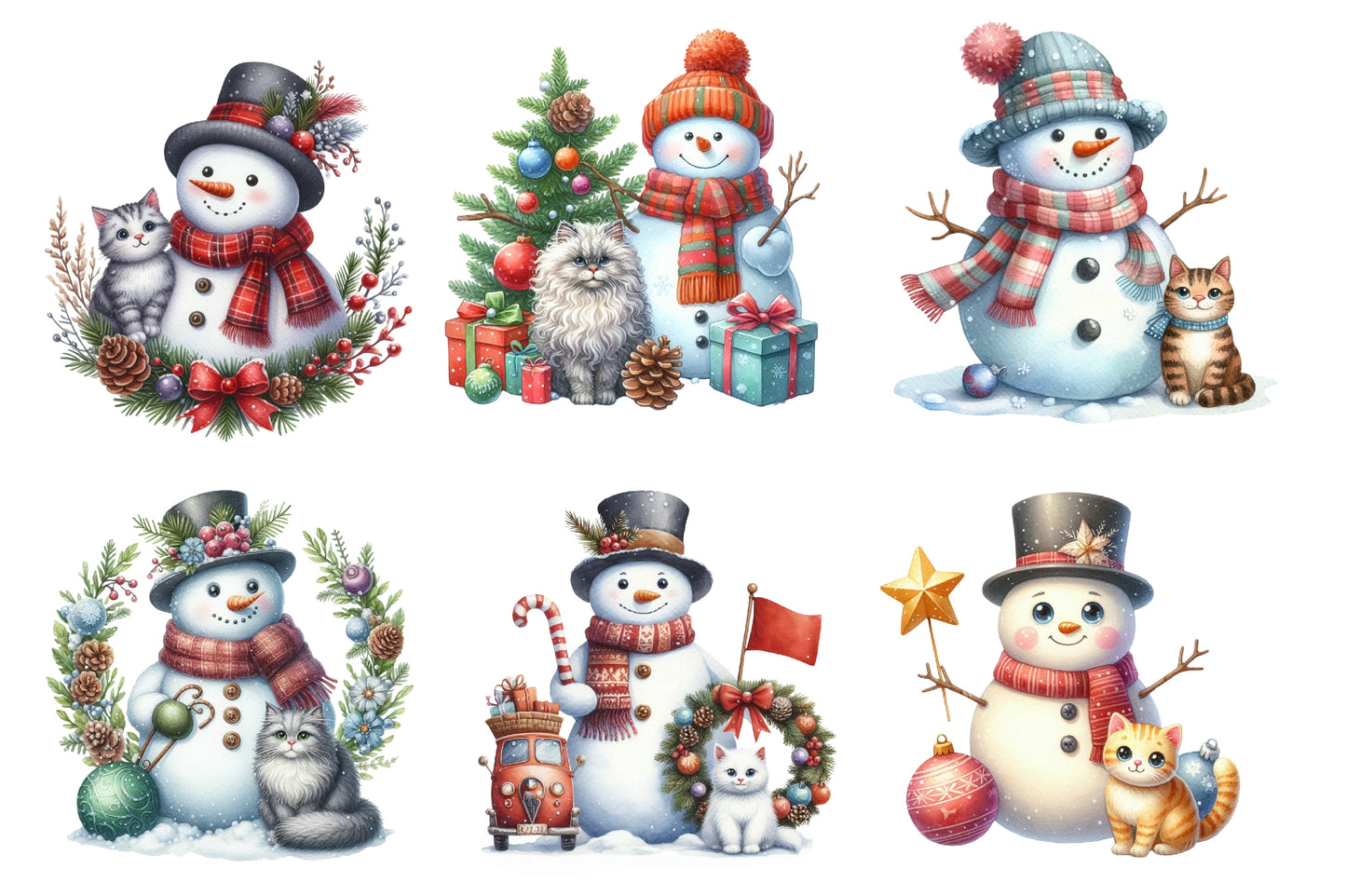 Christmas Snowman with Cats Sublimation PNG Bundle | Cute Watercolor Snowman & Cat Christmas Clipart | Winter Holiday PNG