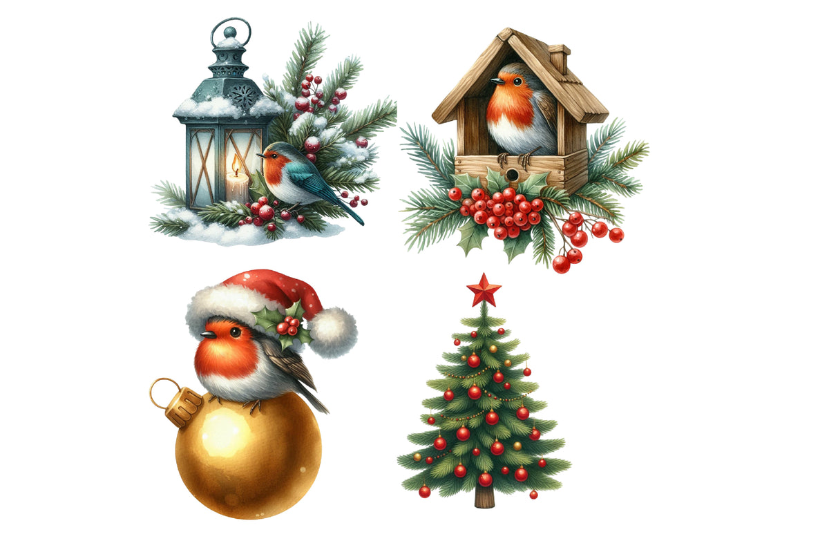 Christmas Robin Watercolor Clipart PNG Bundle | Cute Christmas Bird Clipart | Holiday Sublimation