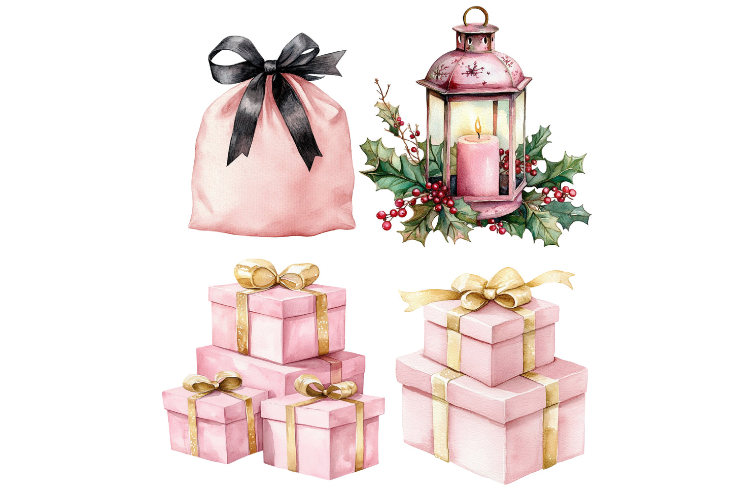 Pink Christmas Watercolor Clipart PNG Bundle | Holiday Christmas Pink Clipart | Cute Winter Christmas Sublimation PNG