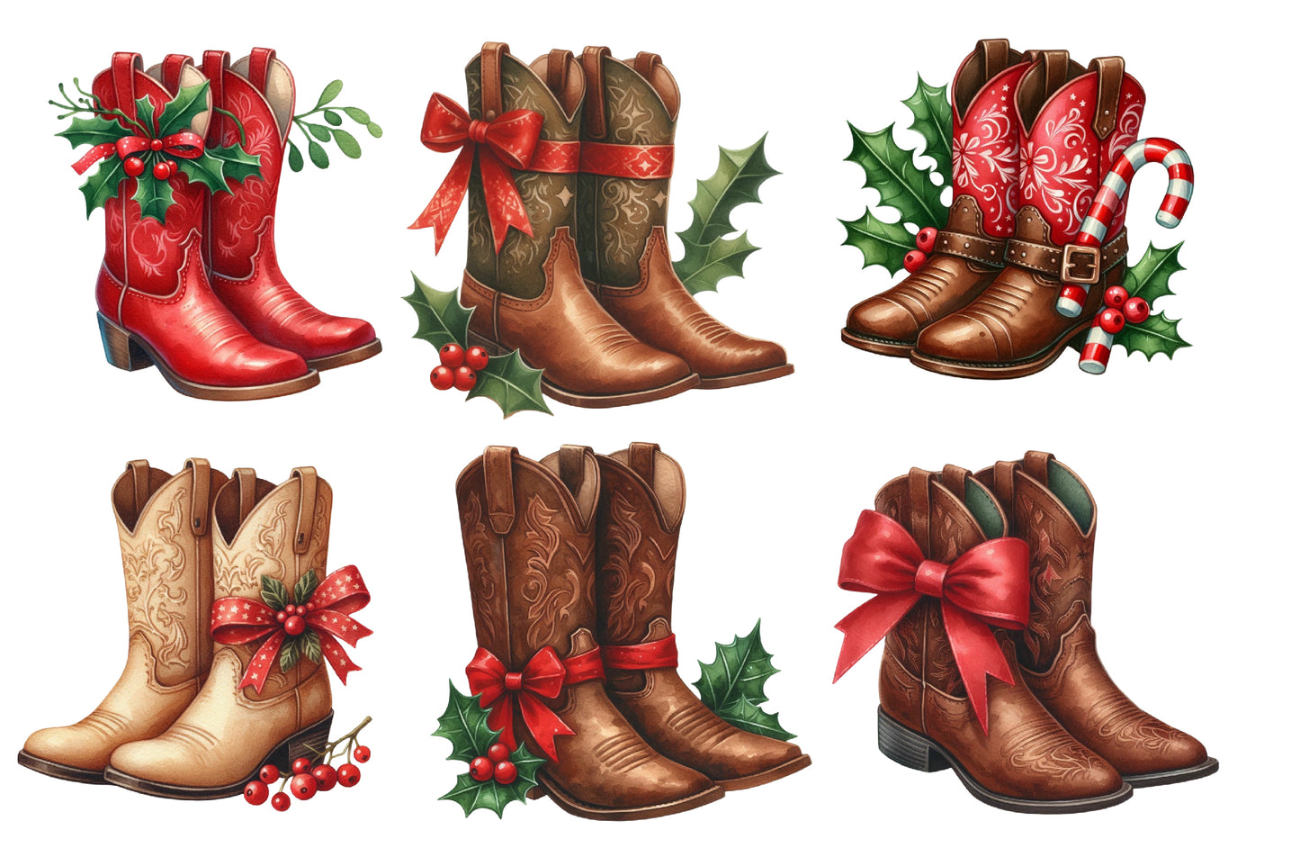 Christmas Cowboy Boots Clipart PNG Bundle | Watercolor Western Christmas Boots Clipart | Country Holiday Sublimation PNG
