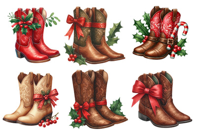 Christmas Cowboy Boots Clipart PNG Bundle | Watercolor Western Christmas Boots Clipart | Country Holiday Sublimation PNG