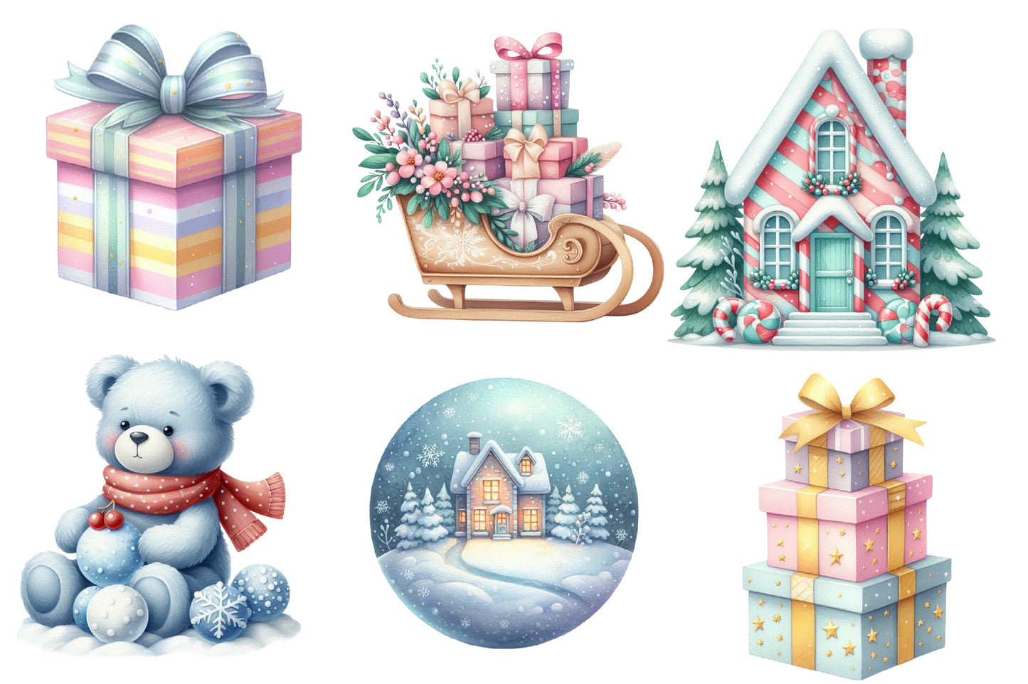 Pastel Christmas Watercolor Clipart PNG Bundle | Cute Pink & Blue Christmas Clipart | Pastel Winter Christmas Sublimation PNG