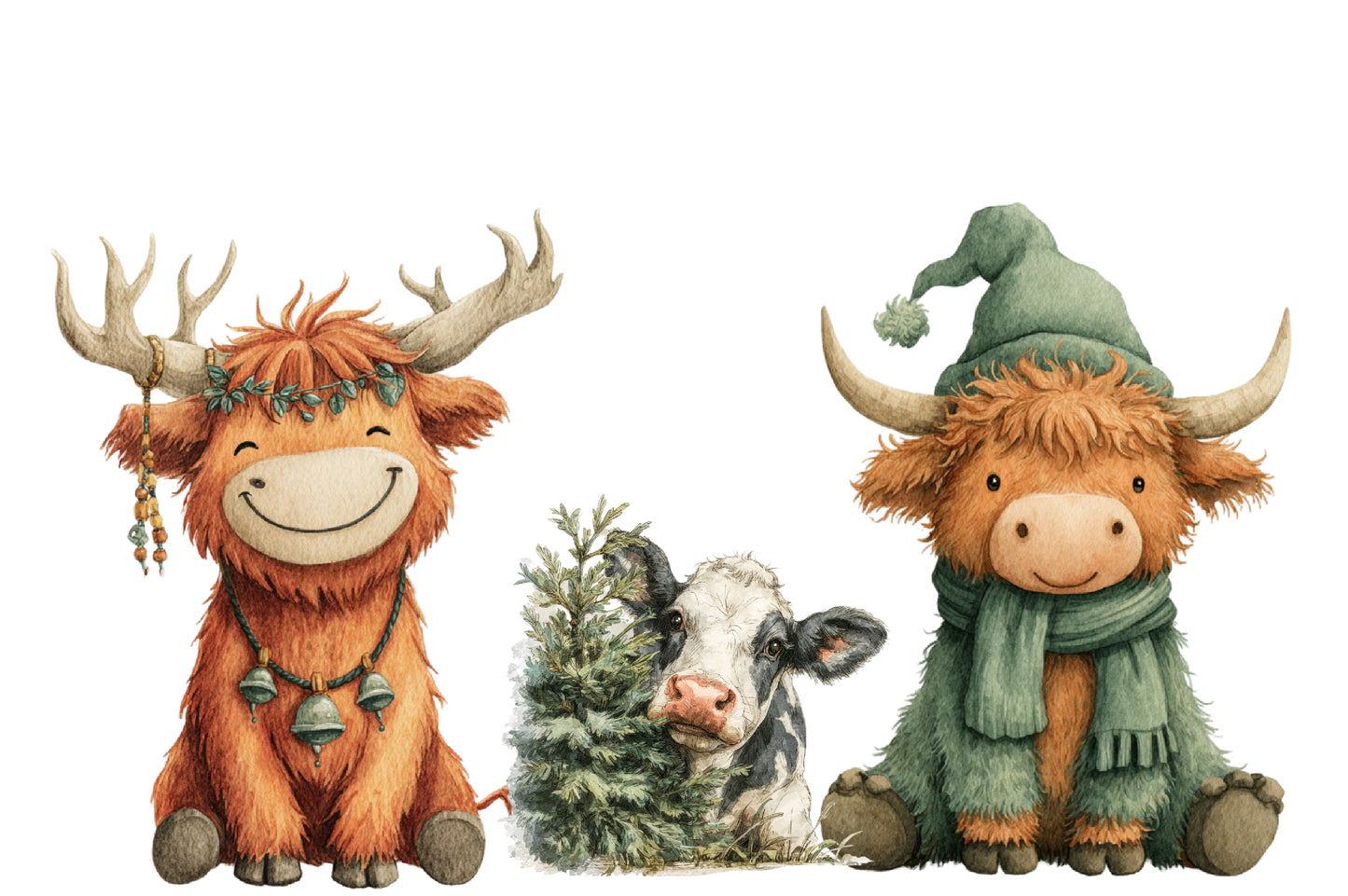 Christmas Highland Cow PNG Clipart Bundle | Watercolor Cute Farmhouse Highland Cow Christmas PNG | Holiday Sublimation
