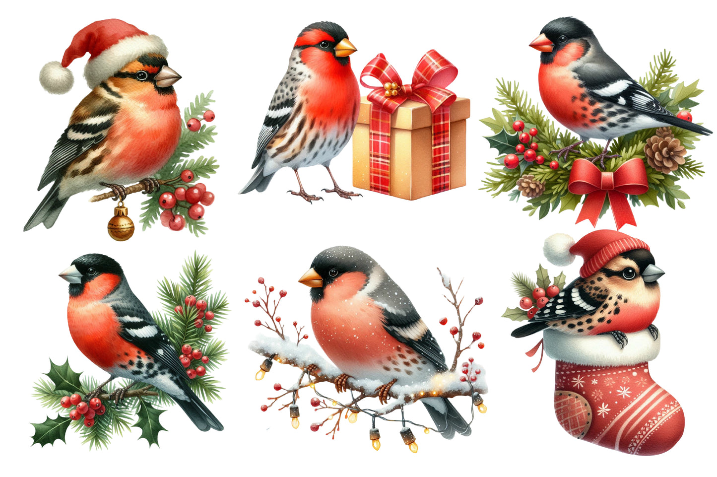 Christmas Grosbeak Birds Clipart PNG Bundle | Watercolor Winter Grosbeak Bird Clipart | Holiday Bird Sublimation PNG