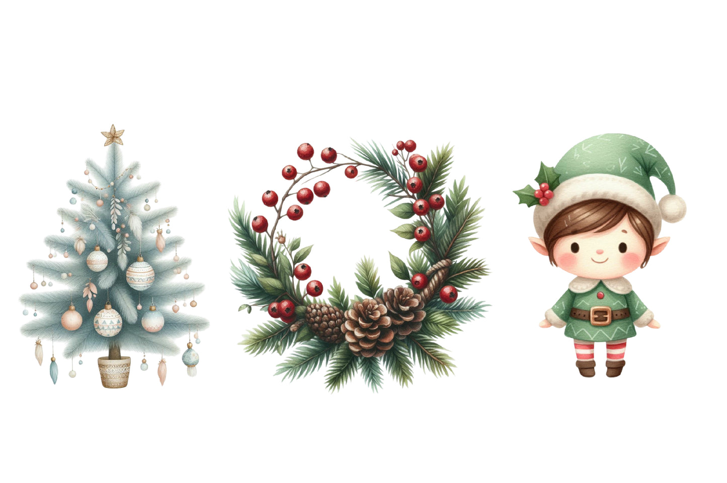 Watercolor Neutral Christmas Clipart PNG Bundle | Cozy Winter Christmas Clipart | Scandinavian Holiday PNG