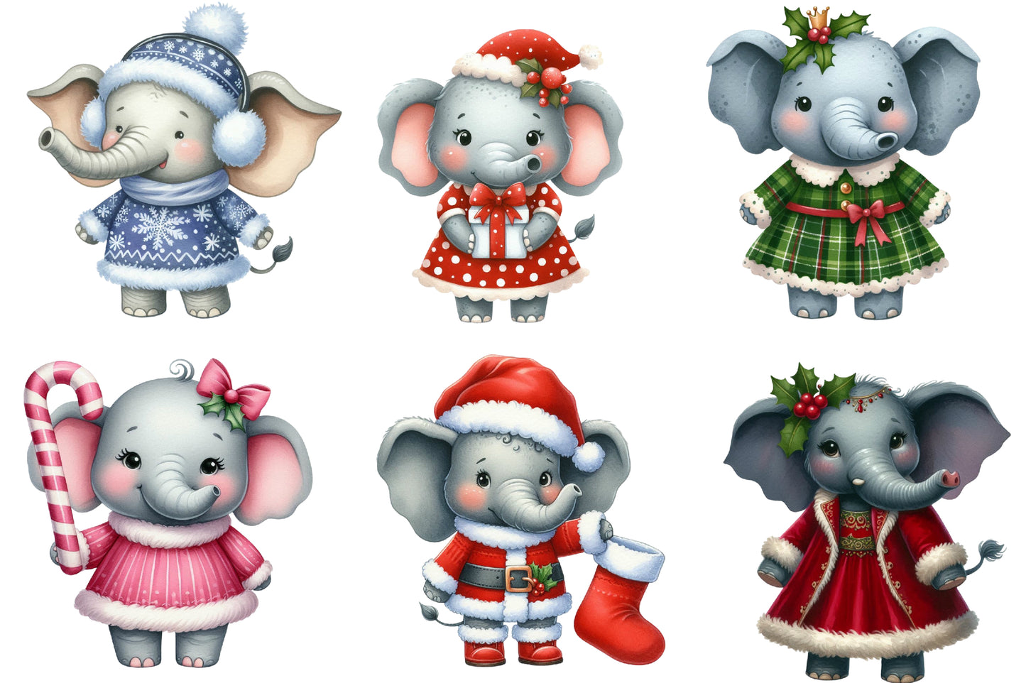 Christmas Elephant Clipart PNG Bundle | Watercolor Christmas Elephants, Santa Hats, Gifts, Snowman & Holiday Clipart
