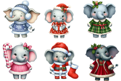 Christmas Elephant Clipart PNG Bundle | Watercolor Christmas Elephants, Santa Hats, Gifts, Snowman & Holiday Clipart