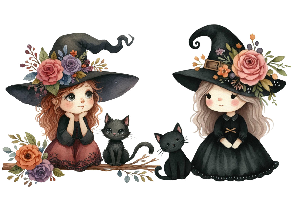 Halloween Witch PNG Bundle | Cute Witch Clipart, Floral Witch, Pumpkin & Black Cat