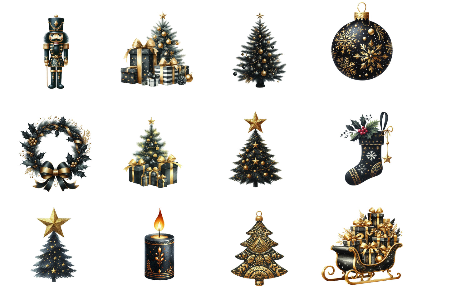 Luxury Black Christmas Watercolor Clipart PNG Bundle | Black Gold Christmas Clipart | Elegant Luxury Holiday Sublimation PNG