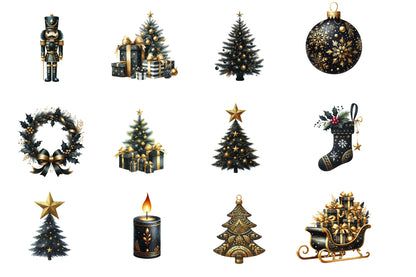 Luxury Black Christmas Watercolor Clipart PNG Bundle | Black Gold Christmas Clipart | Elegant Luxury Holiday Sublimation PNG