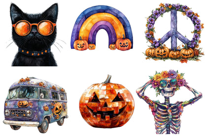 Groovy Halloween Watercolor Clipart PNG Bundle | Retro Halloween Clipart