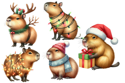 Christmas Capybara Clipart PNG Bundle | Watercolor Cute Christmas Capybara Clipart | Holiday Capybara Sublimation PNG