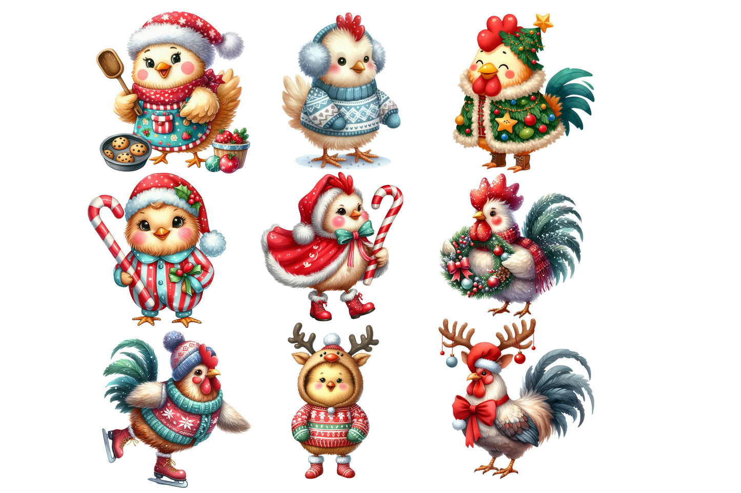 Christmas Rooster Clipart PNG Bundle | Festive Chicken, Santa Rooster, Christmas Sweater, Reindeer & Holiday Farmhouse