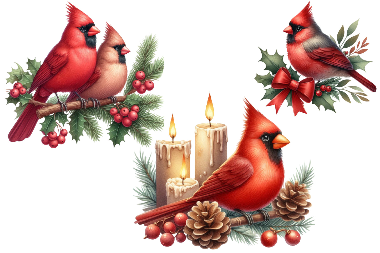 Cardinal Christmas Watercolor Clipart PNG Bundle | Red Cardinal Christmas Clipart | Christmas Bird Sublimation PNG