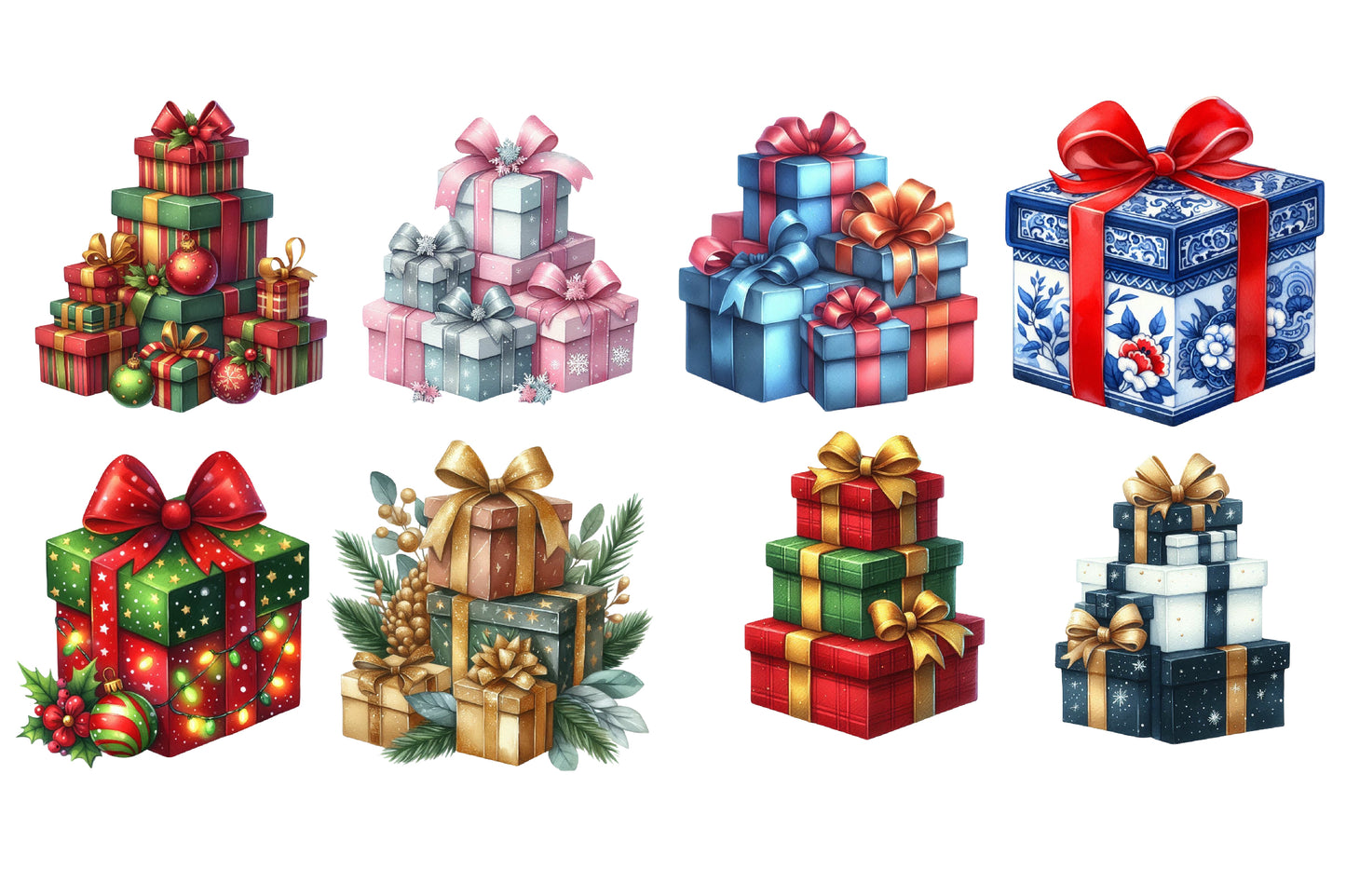 Christmas Gifts Clipart PNG Bundle | Watercolor Festive Christmas Present Clipart | Holiday Gift Sublimation PNG