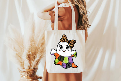 Cute Patchwork Halloween Ghost Leopard Bow PNG