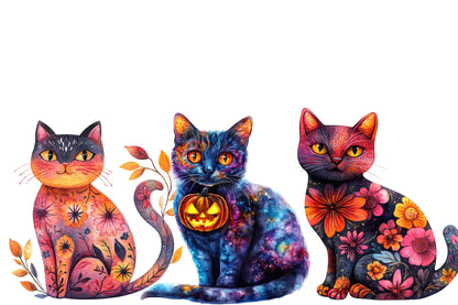 Whimsy Halloween Cat Clipart PNG Bundle | Cute Black Cat, Witch Cat, Pumpkin & Ghost Clipart | Spooky Sublimation