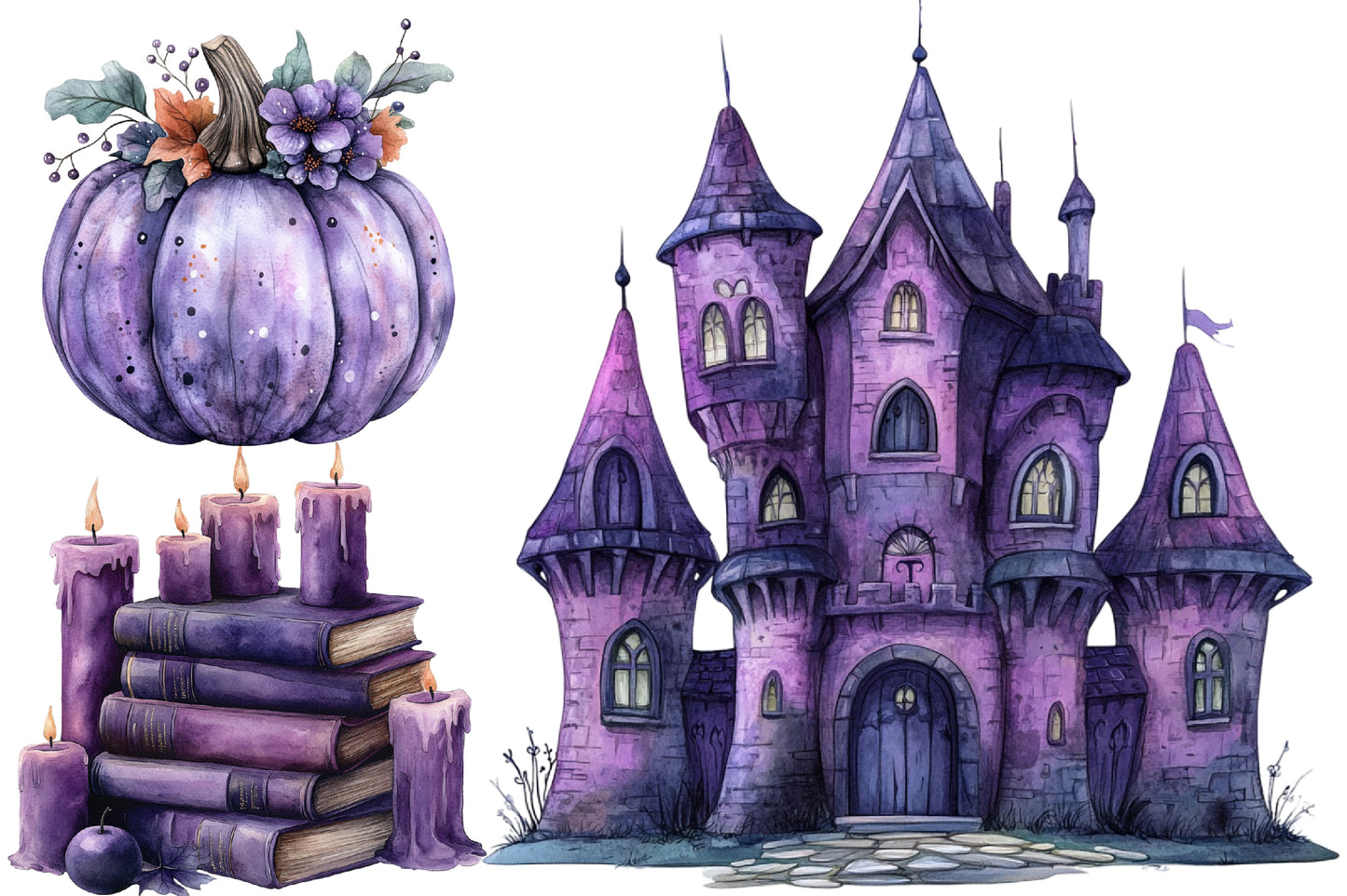 Purple Halloween Watercolor Clipart PNG Bundle | Cute Purple Halloween Clipart | Purple Halloween Sublimation PNG