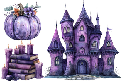 Purple Halloween Watercolor Clipart PNG Bundle | Cute Purple Halloween Clipart | Purple Halloween Sublimation PNG