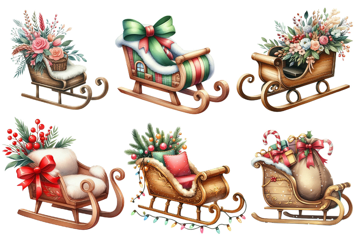 Christmas Sleigh Sublimation Clipart PNG Bundle | Watercolor Santa Sleigh Christmas Clipart | Festive Holiday Sleigh PNG