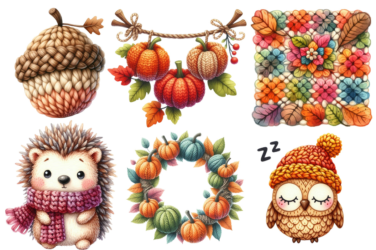 Crochet Autumn Watercolor Clipart PNG Bundle | Cute Fall Crochet Animals | Autumn Sublimation