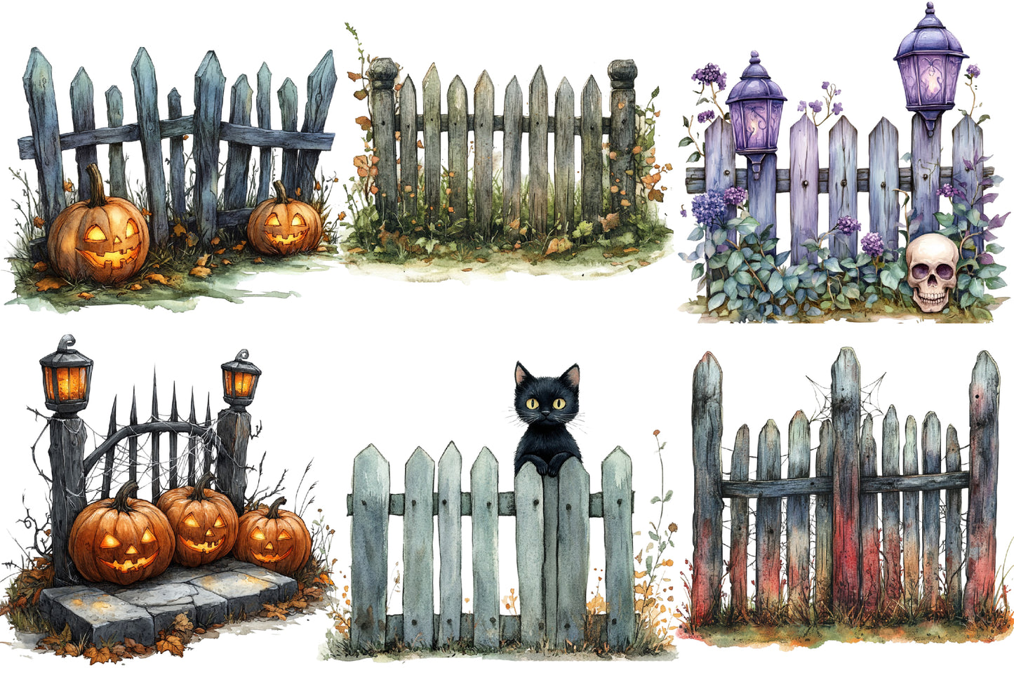 Watercolor Halloween Fence Clipart PNG Bundle | Spooky Fence, Pumpkins, Bats, Ghosts & Haunted Night Elements PNG