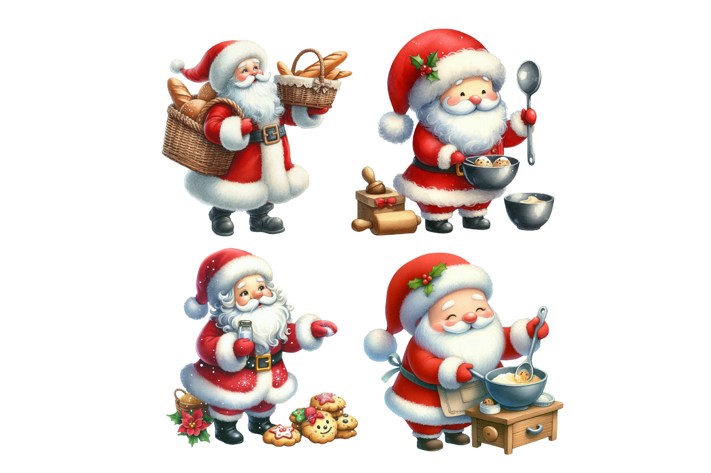 Santa Baking Watercolor Clipart PNG Bundle | Christmas Baking Santa PNG | Santa Baker Sublimation