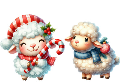 Christmas Sheep Clipart PNG Bundle | Watercolor Cute Christmas Sheep Clipart | Festive Winter Farm Animal Sublimation PNG