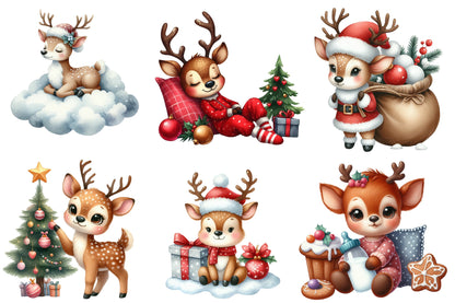 Christmas Reindeer PNG Clipart Bundle | Watercolor Cute Christmas Reindeer Clipart | Festive Holiday Animal Sublimation PNG