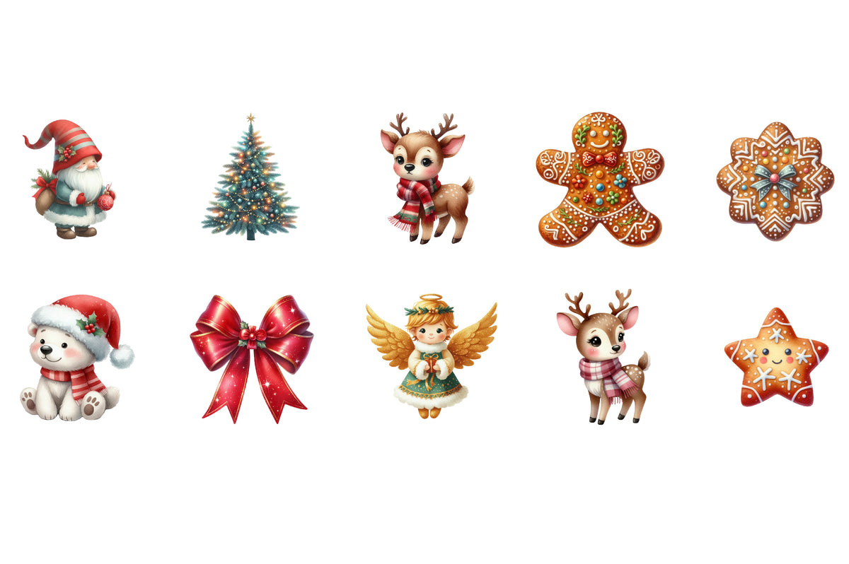 Cute Christmas Clipart PNG Bundle | Christmas Angels, Santa, Nutcracker, Christmas Tree, Penguin, Deer, Cat, Gnome & Holiday Clipart