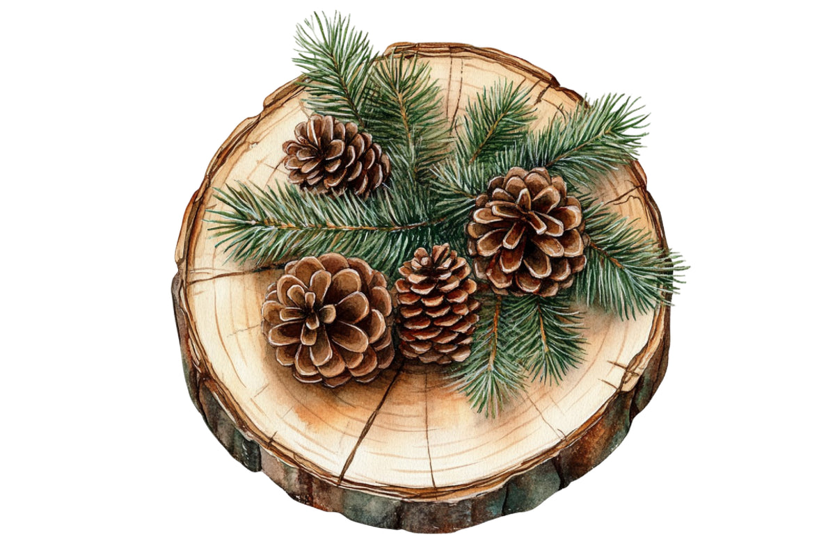 Christmas Wood Slice Clipart PNG Bundle | Rustic Wood Slices, Poinsettia, Pine, Holly, Pinecones & Christmas Floral Decor