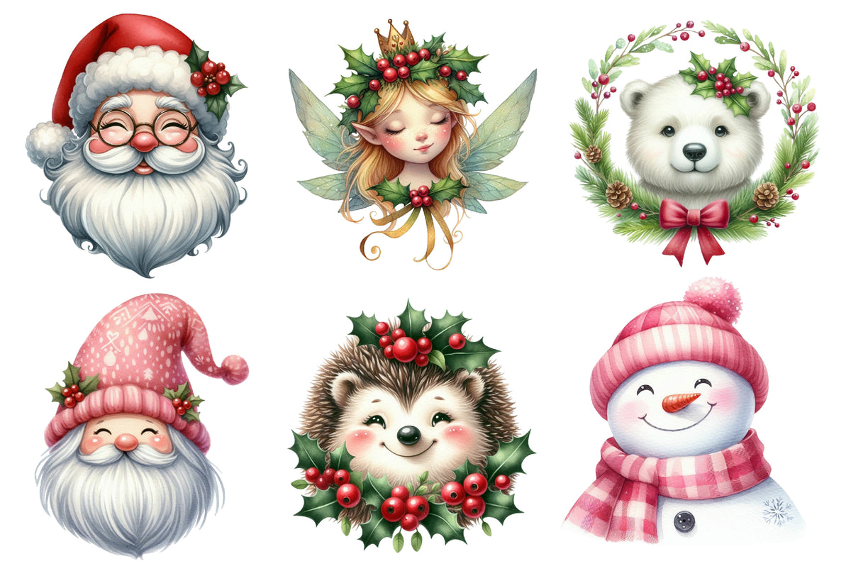 Cute Christmas Heads Clipart PNG Bundle | Santa, Snowman, Reindeer, Fox, Penguin, Deer, Bear & Gingerbread Holiday Characters