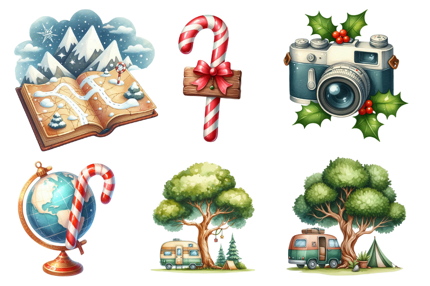 Christmas Travel Clipart PNG Bundle | Watercolor Christmas Travel Clipart | Festive Holiday Vacation Sublimation PNG