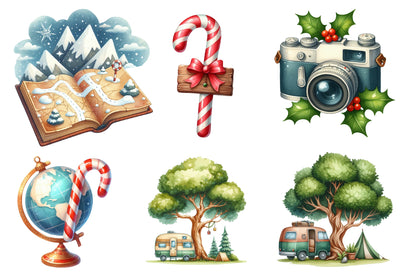 Christmas Travel Clipart PNG Bundle | Watercolor Christmas Travel Clipart | Festive Holiday Vacation Sublimation PNG