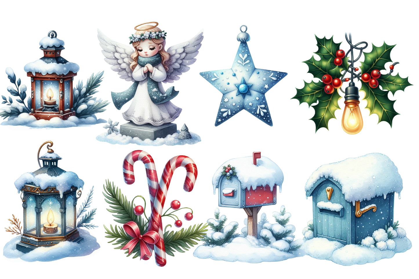 Cute Christmas Day Clipart PNG Bundle | Winter House, Deer, Angel, Snowman, Christmas Tree, Wreath, Lantern & Holiday Decorations