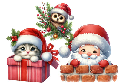 Christmas Peeking Clipart PNG Bundle | Watercolor Cute Peeking Christmas Characters | Holiday Sublimation PNG