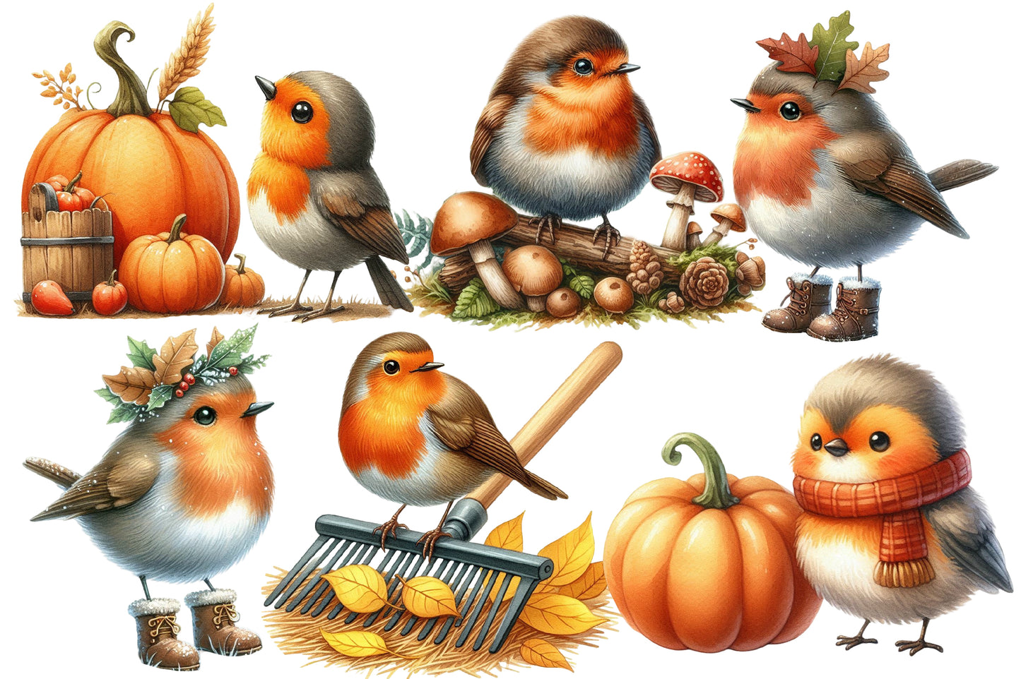 Autumn Robin Clipart PNG Bundle | Watercolor Fall Robin Bird Clipart | Cozy Woodland Robin PNG