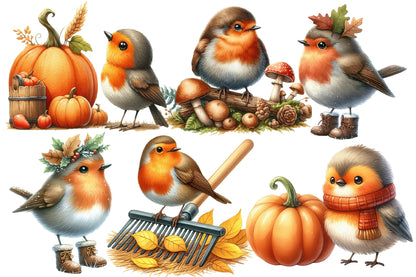 Autumn Robin Clipart PNG Bundle | Watercolor Fall Robin Bird Clipart | Cozy Woodland Robin PNG
