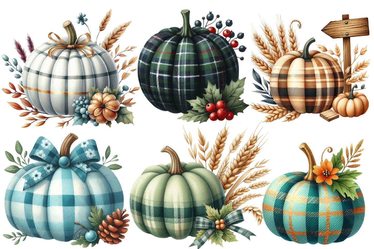 Autumn Plaid Pumpkin Sublimation Clipart PNG Bundle | Watercolor Cozy Fall Pumpkin Clipart | Rustic Harvest Plaid Pumpkin PNG