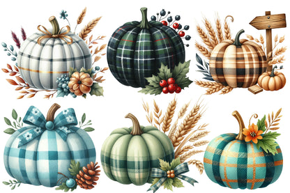 Autumn Plaid Pumpkin Sublimation Clipart PNG Bundle | Watercolor Cozy Fall Pumpkin Clipart | Rustic Harvest Plaid Pumpkin PNG