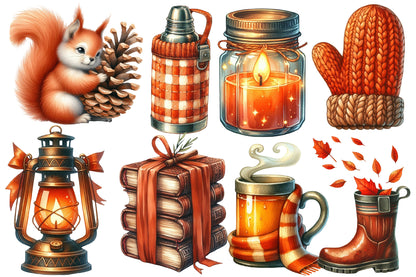 Burnt Orange Autumn Watercolor Clipart PNG Bundle | Fall Clipart, Cute Autumn PNG