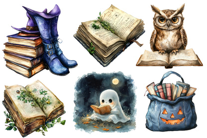 Halloween Reading Clipart PNG | Spooky Books, Ghost Reading, Witch Books, Owl & Cat Reading Clipart,