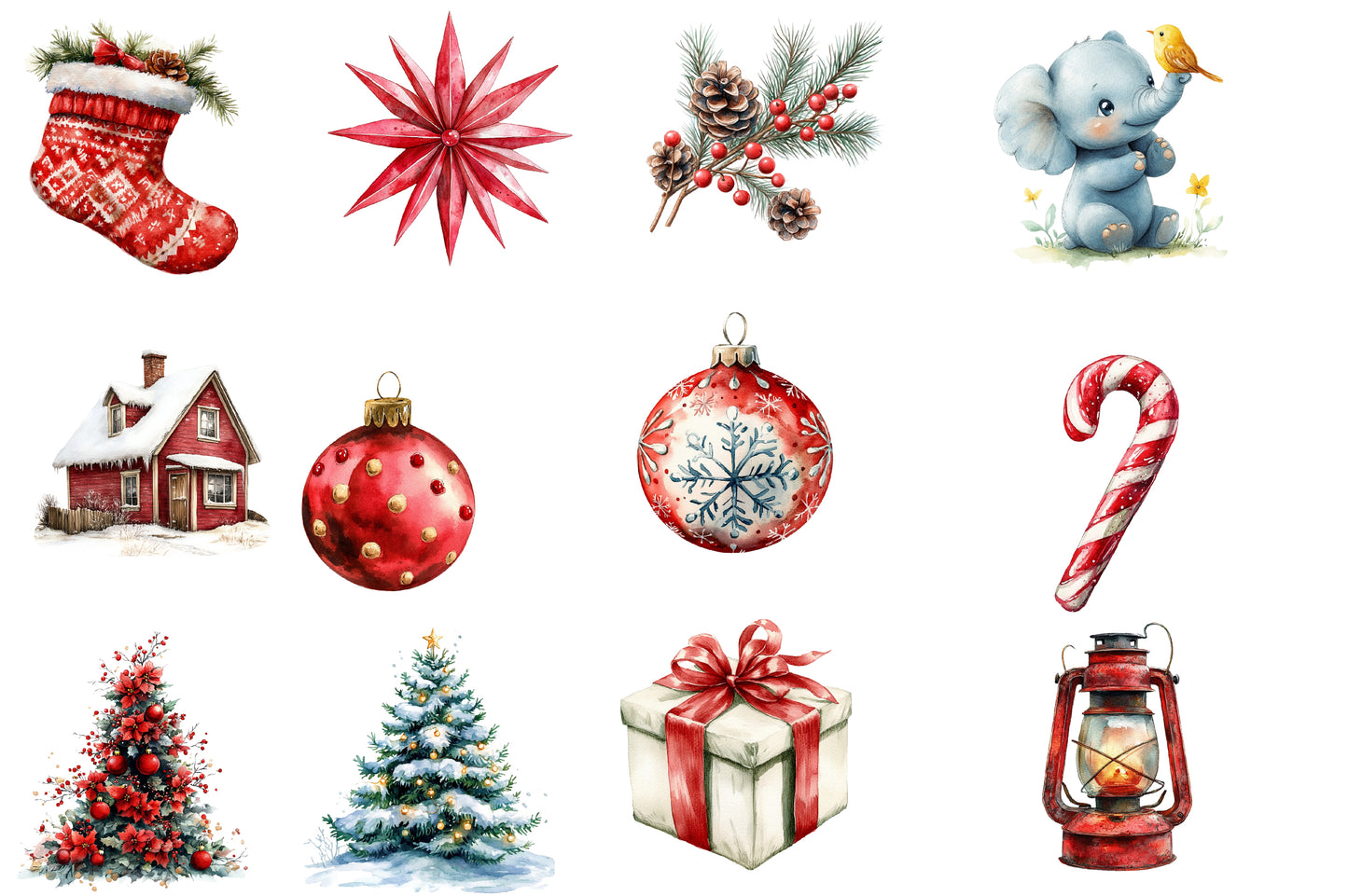 Christmas Time Watercolor Clipart PNG Bundle | Cute Christmas Holiday Watercolor Clipart | Festive Winter Sublimation PNG