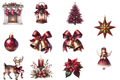 Burgundy Christmas Watercolor Clipart PNG Bundle | Elegant Red Christmas Watercolor Clipart | Burgundy Holiday Sublimation PNG