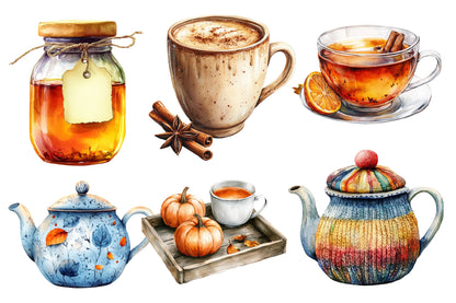 Autumn Tea Party Watercolor Clipart PNG Bundle | Fall Tea Cup Clipart | Cozy Autumn Tea PNG
