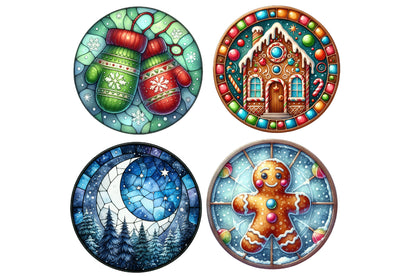 Christmas Round Stained Glass Clipart PNG Bundle | Watercolor Stained Glass Christmas Clipart | Round Holiday Sublimation PNG