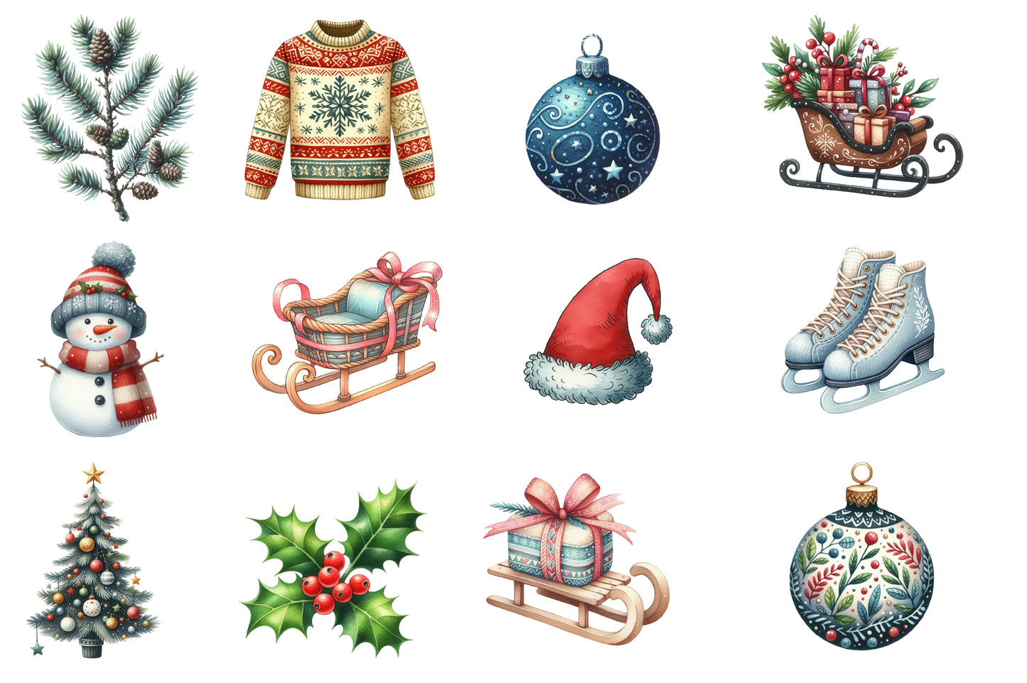 Christmas Clipart Sublimation PNG Bundle | Watercolor Holiday Clipart | Festive Christmas Sublimation Designs