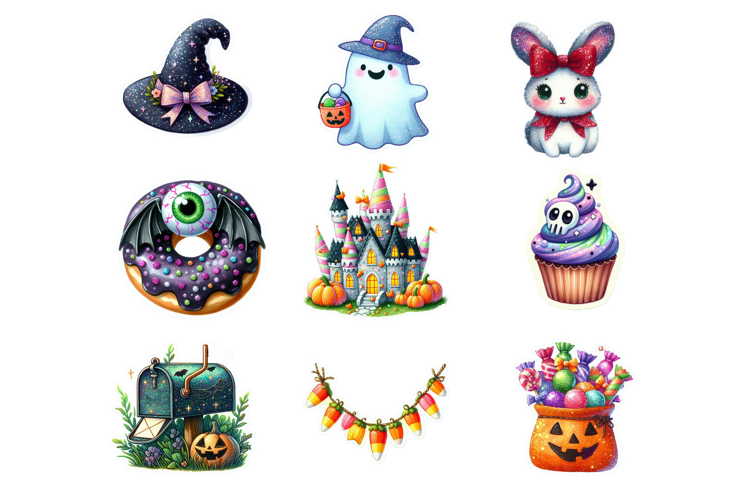 Halloween Sticker Clipart PNG Bundle | 45 Cute Glitter Halloween Stickers, Ghost Witch Cat Pumpkin Bat,